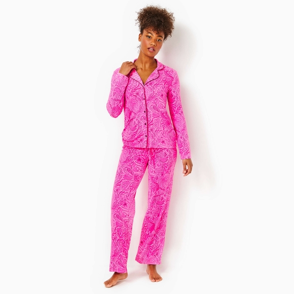 Lily Pulitzer Pajama Knit Long Sleeve Button-Up pink PJ Top L sold out online - Picture 1 of 6